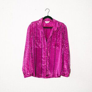 Vintage Fuchsia Gel Esprit Blouse with Black Stripes & Shimmery Floral Pattern